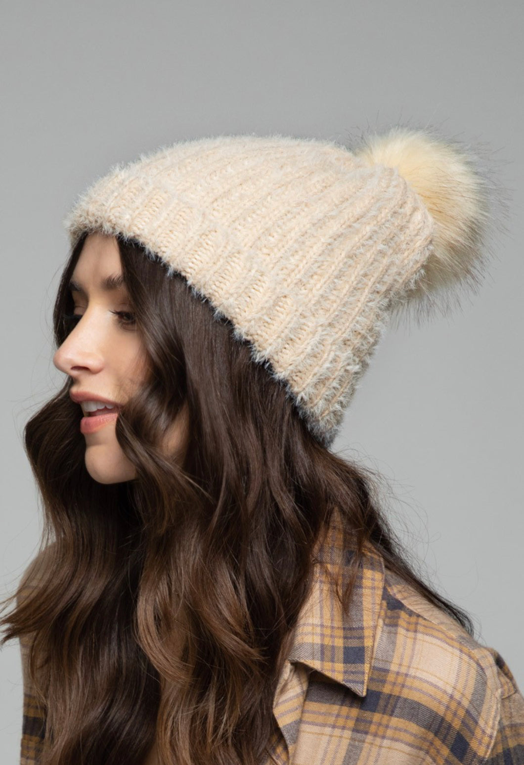 Fuzzy Ribbed Pom Beanie